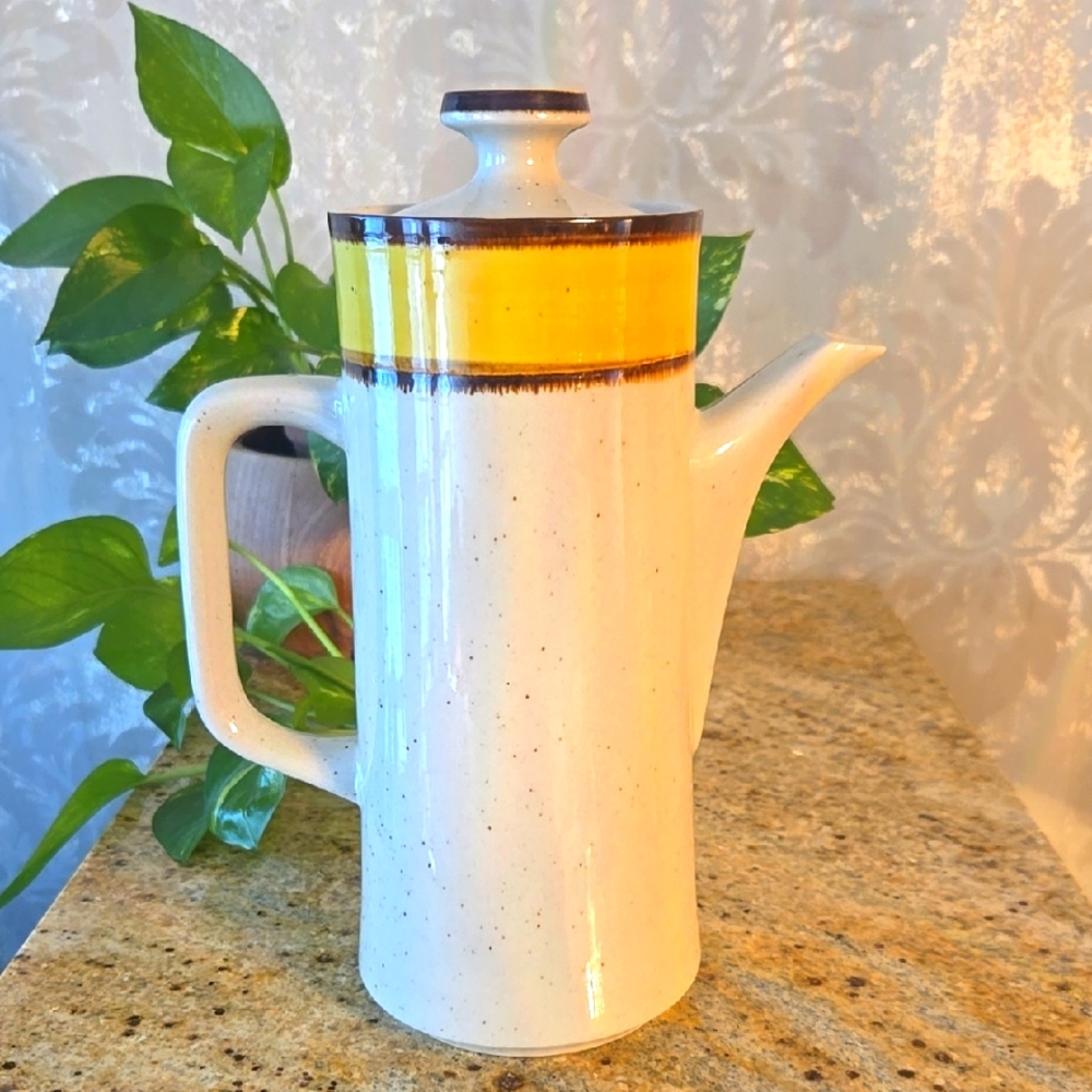 Vintage Rainbow Stoneware Yellow and Brown Ceramic Coffee Pot Made In Japan